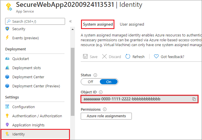 Screenshot that shows the System assigned identity option.