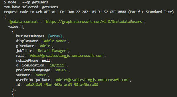 Command-line interface displaying Graph response