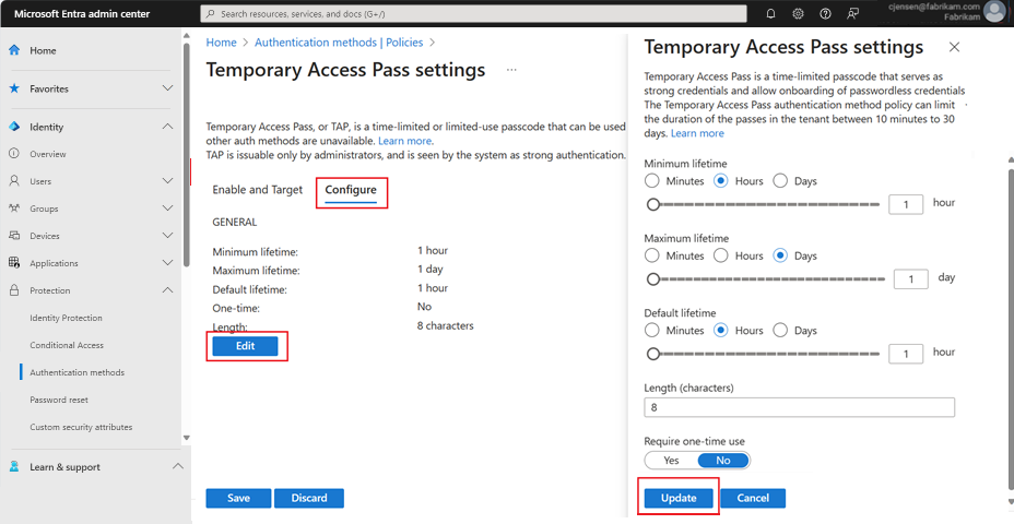 Screenshot of how to customize the settings for Temporary Access Pass.