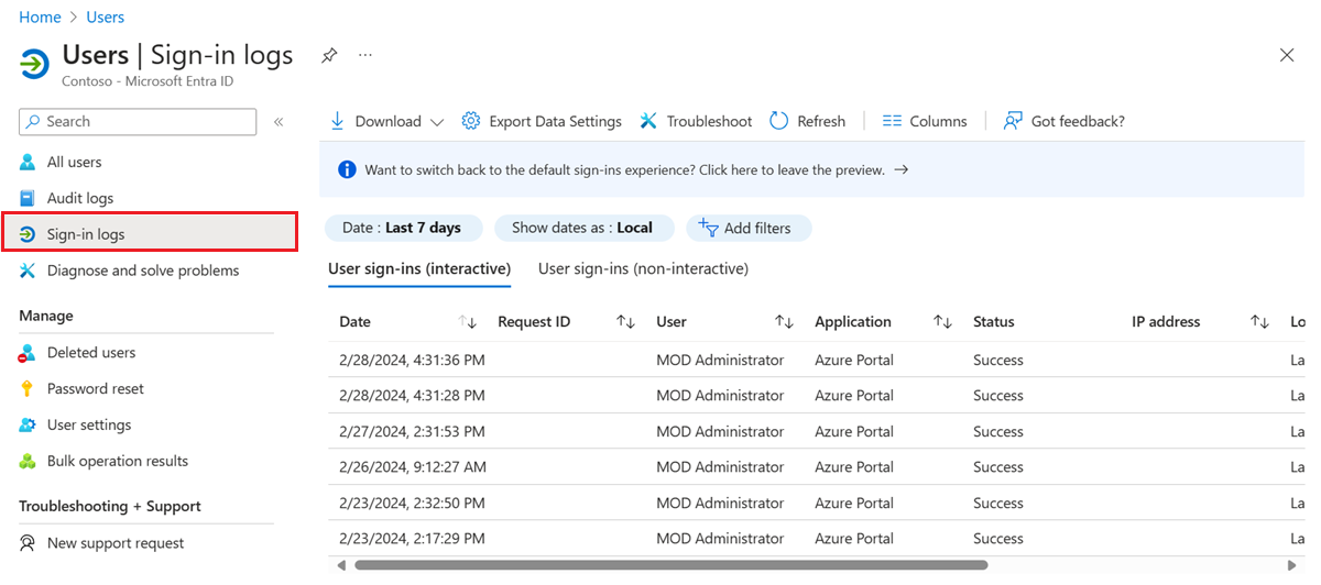 Screenshot of example Microsoft Entra sign-ins report