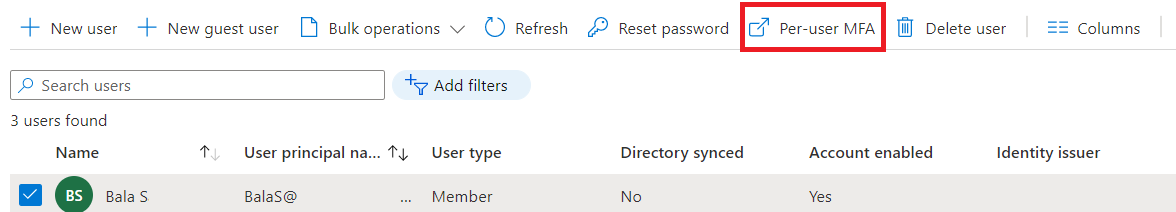 Screenshot of select multifactor authentication from the Users window in Microsoft Entra ID.