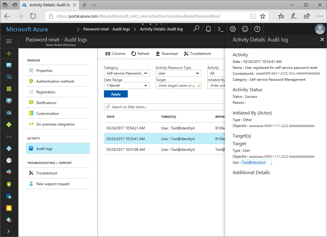 Screenshot of audit log for SSPR reporting.