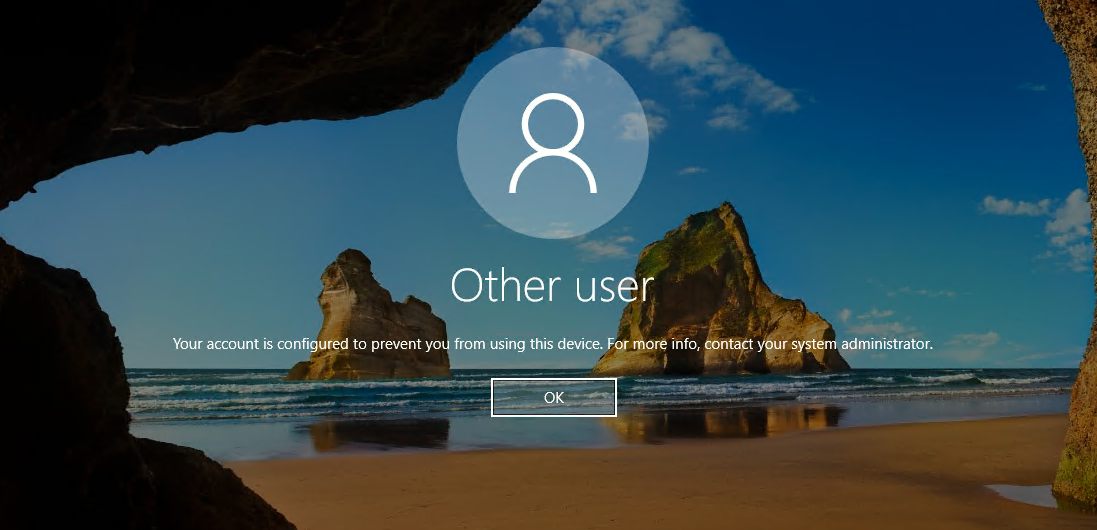 Screenshot of the message that says your account is configured to prevent you from using this device.