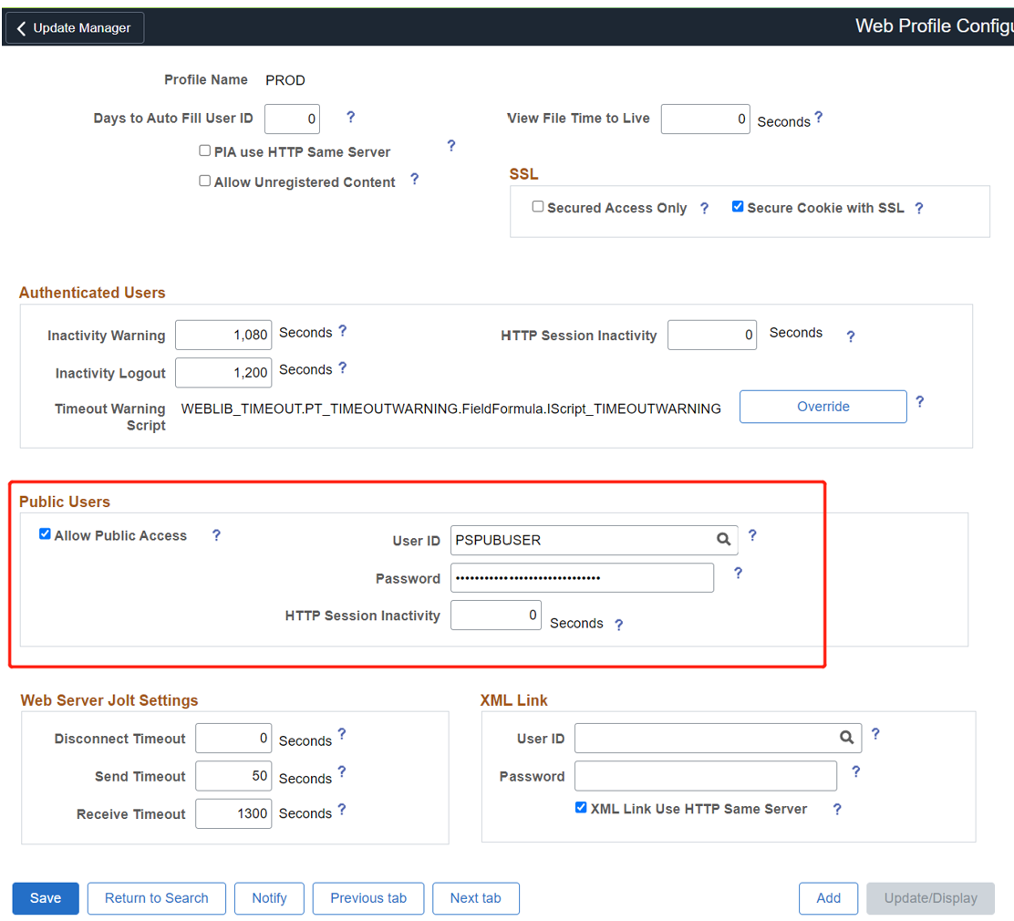 Screenshot of Allow Public Access, User ID, and Password options.