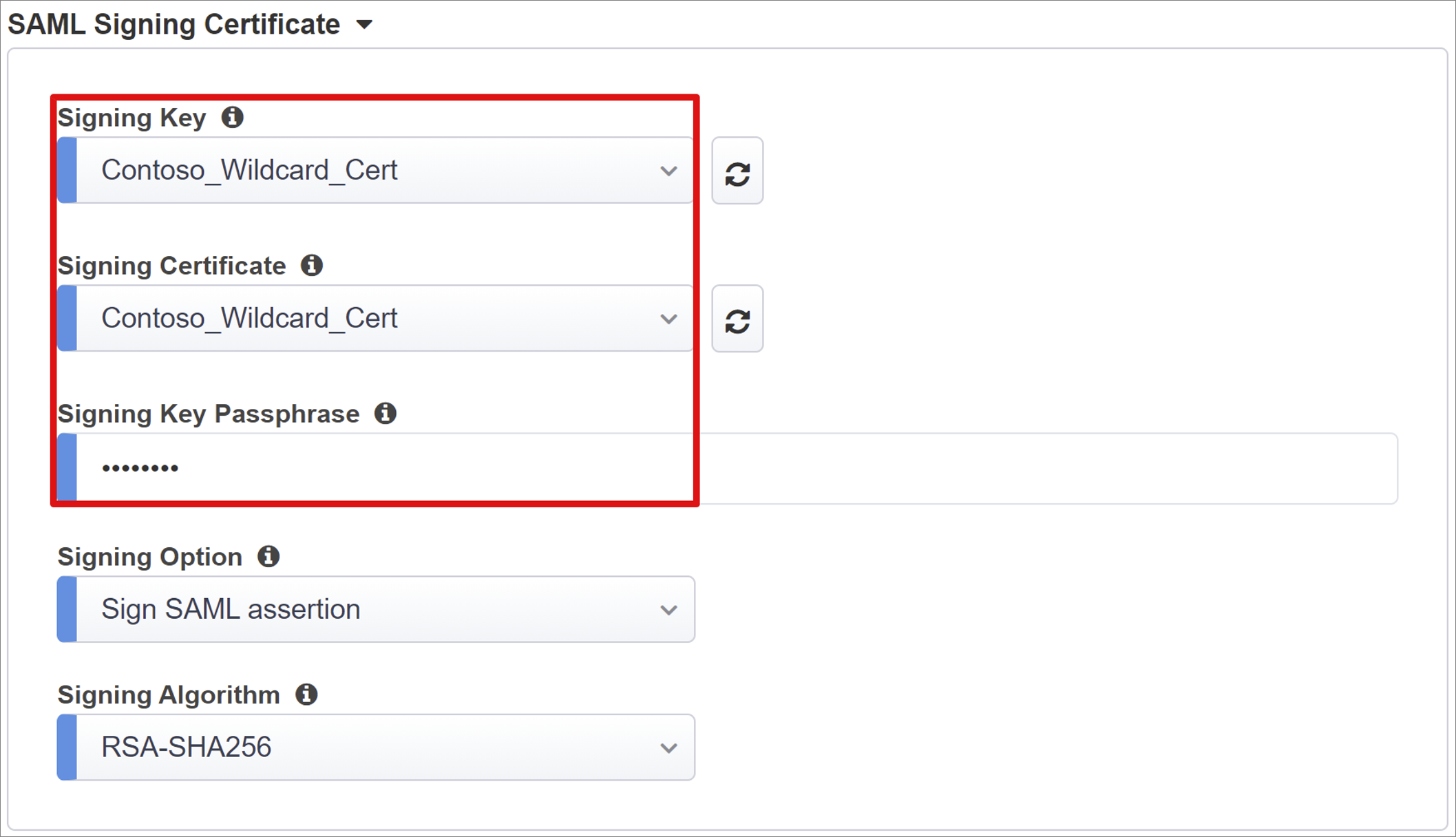 Screenshot of Signing Key, Signing Certificate, and Signing Key Passprhase options under SAML Signing Certificate.