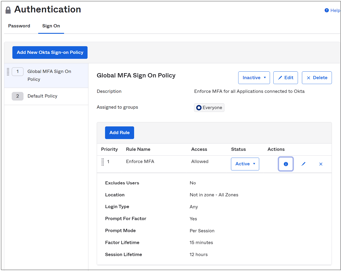 Screenshot of Global MFA Sign On Policy entries on the Authentication page.