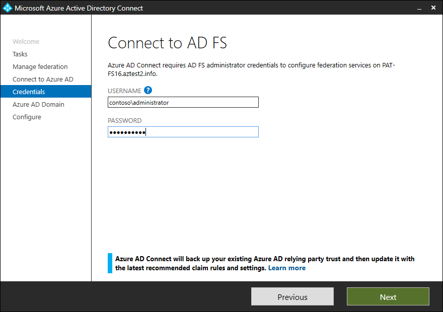 Microsoft Entra Connect page showing message about existing Microsoft Entra ID trust backup