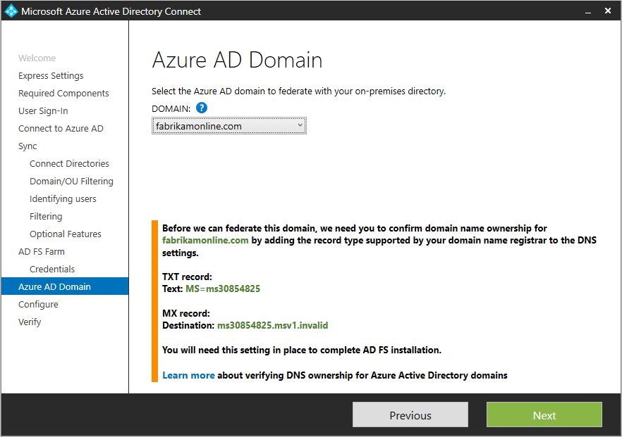 Screenshot showing the "Microsoft Entra Domain" page, including information you can use to verify the domain.