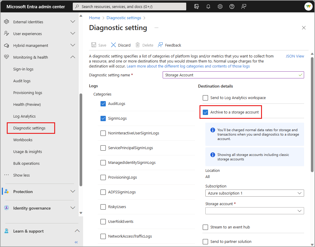 Screenshot of the diagnostic settings