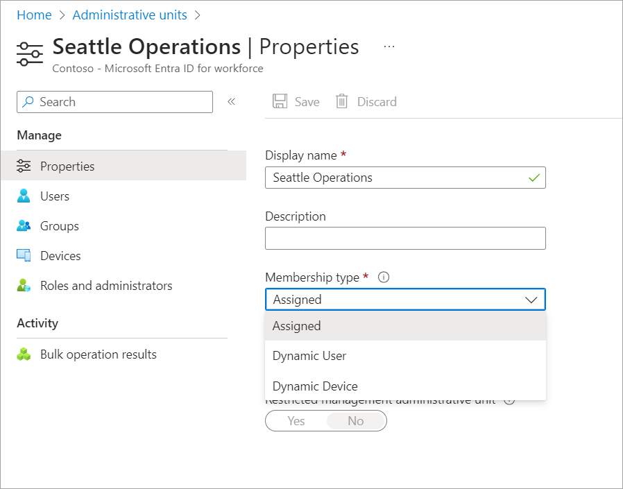 Screenshot of an administrative unit Properties page with Membership type list displayed.