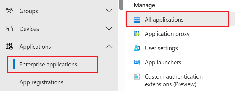 Screenshot of Enterprise applications blade.