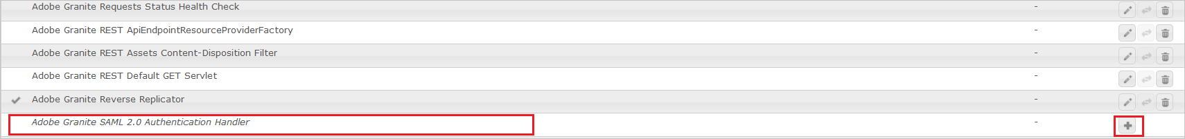 Screenshot that highlights Adobe Granite SAML 2.0 Authentication Handler.