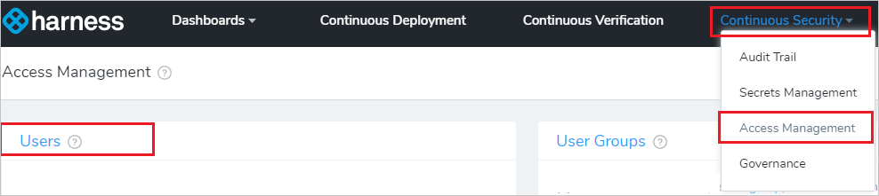 Screenshot that shows the "Continuous Security" menu with "Access Management" and "Users" selected.