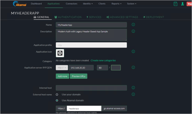 Screenshot of the Akamai EAA console General tab showing general settings for MYHEADERAPP.