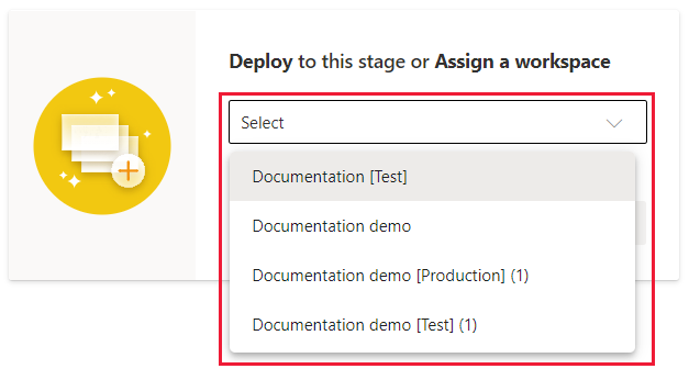 A screenshot showing the *assign workspace* dropdown in a deployment pipelines empty stage.