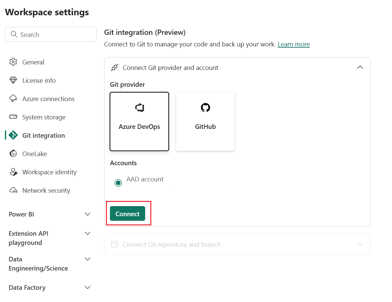 Screenshot of workspace settings window with Git integration selected.