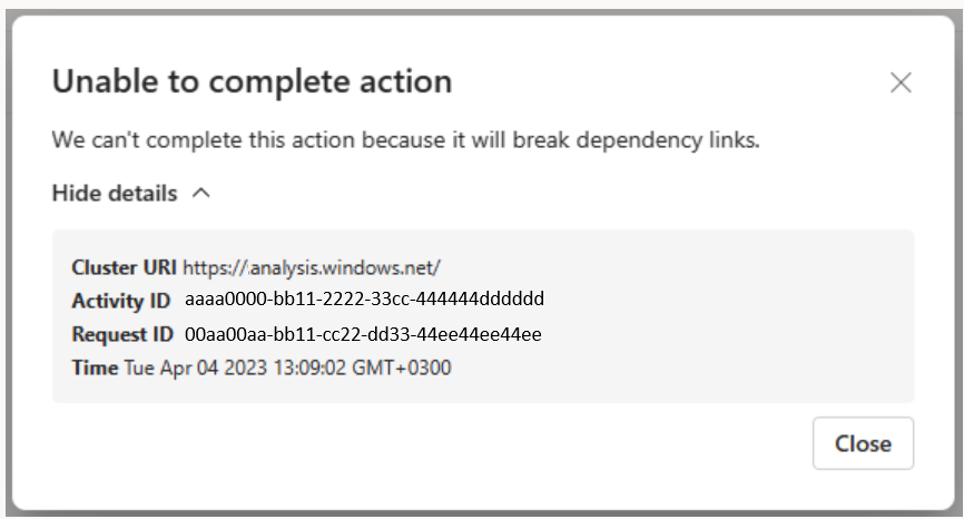 Screenshot of error message when the updating would break dependencies.