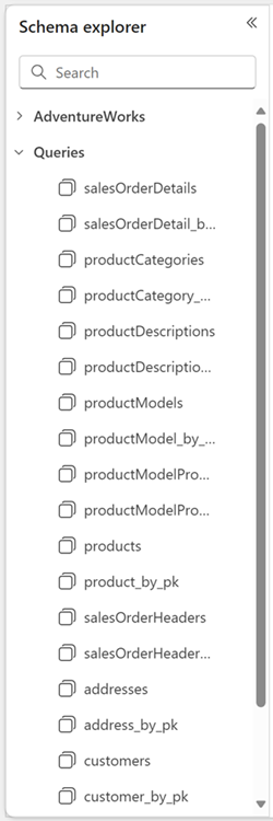 Screenshot of the Schema explorer pane, showing an expanded list of automatically generated queries.