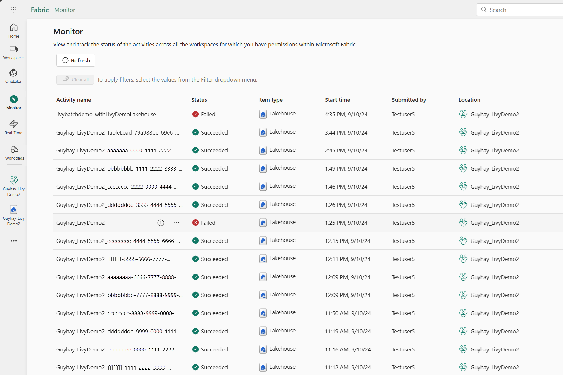 Screenshot showing previous Livy API submissions in the Monitoring hub.