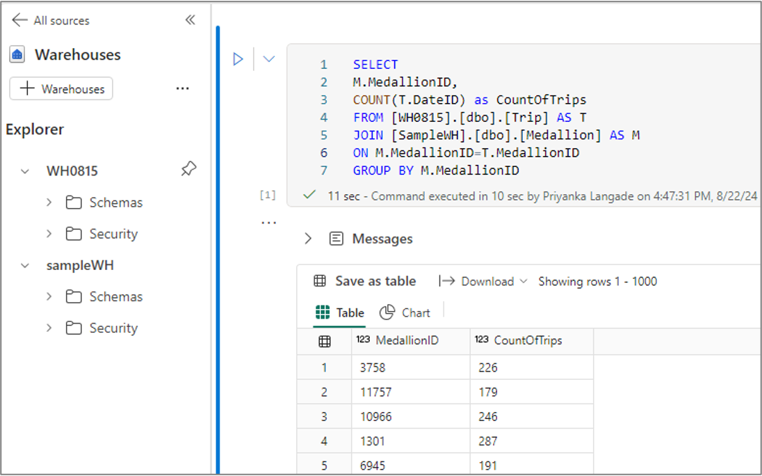 Screenshot showing how to run a cross warehouse query.