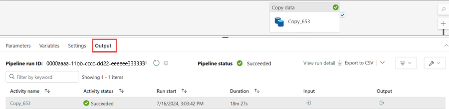 Screenshot showing the status of the copy pipeline activity.