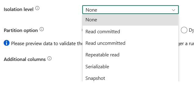 Screenshot showing Isolation level settings.