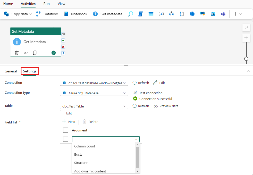 Screenshot showing the Lookup activity settings tab highlighting the tab, and where to choose a new connection.