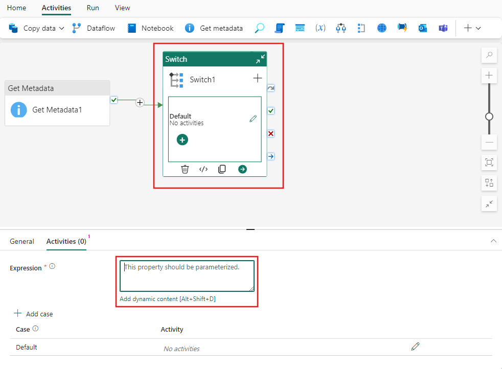 Screenshot showing a Get Metadata activity used in a Switch activity to provide a dynamic expression.