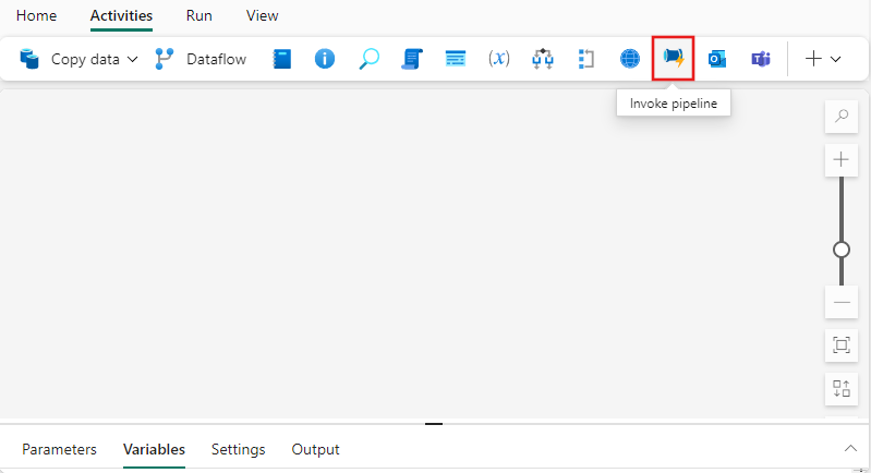 Screenshot showing the pipeline editor window with the Invoke pipeline button on the activities tab without its descriptive text.