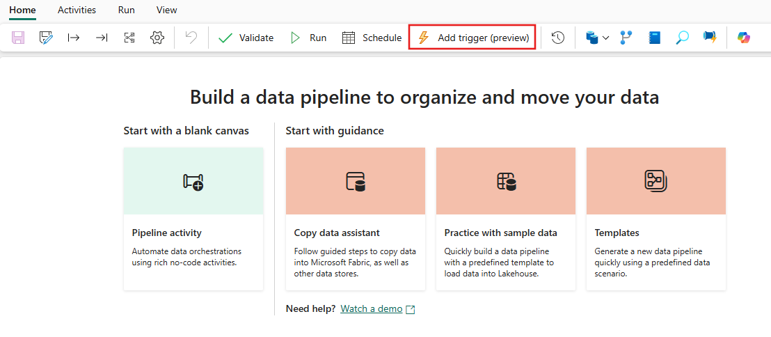 Screenshot showing the Add trigger button in the Data Factory in Fabric pipeline editor.