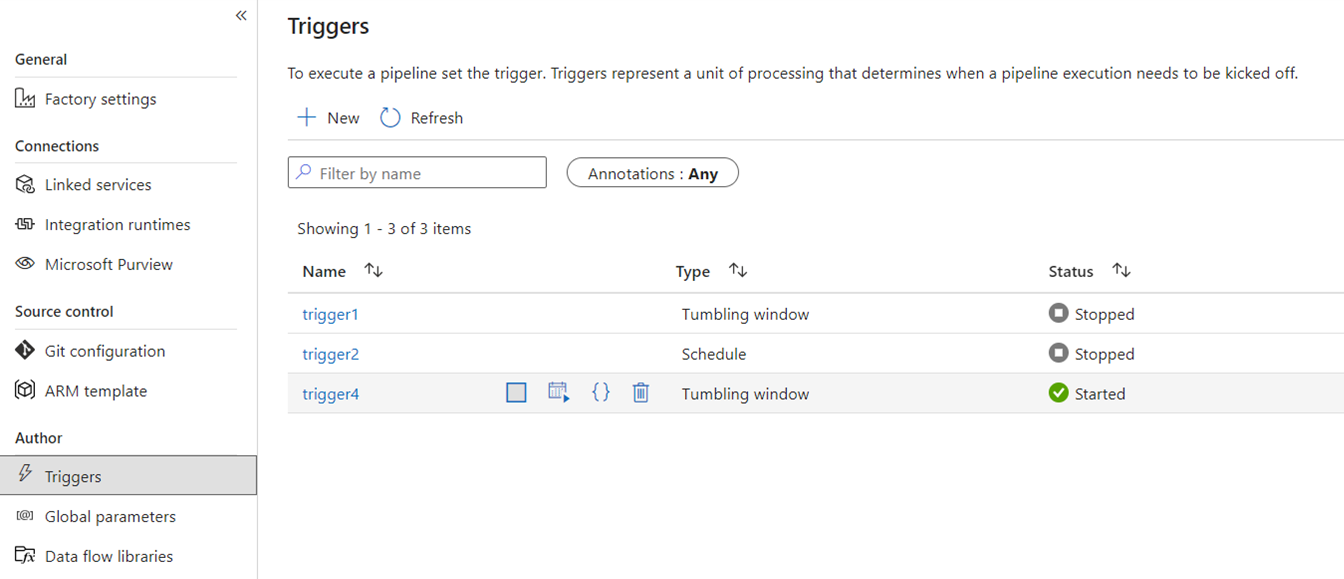 Screenshot showing the Triggers page in Azure Data Factory.