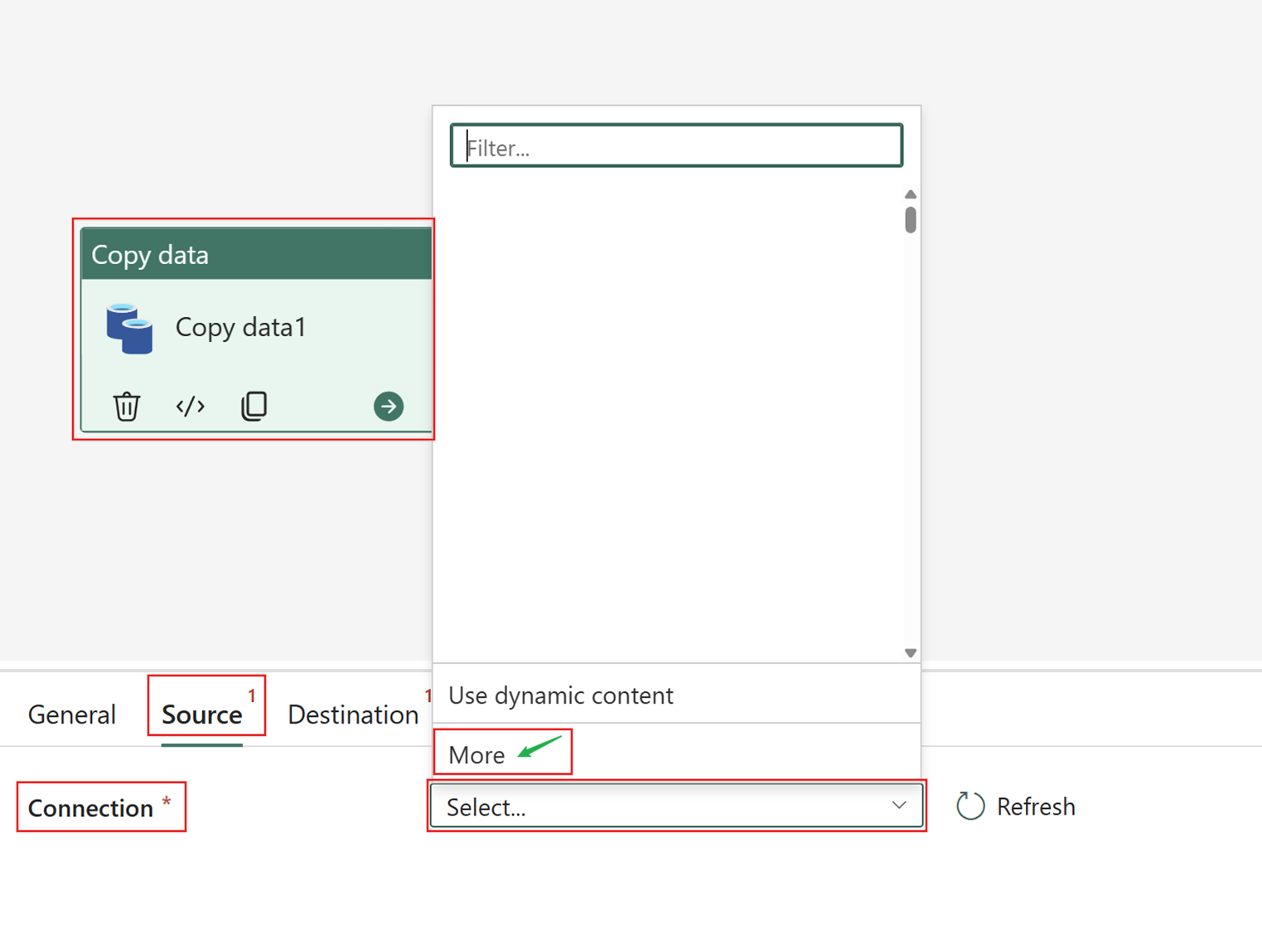 Screenshot showing where to choose the More option on the Connection dropdown for a Copy activity's data source.