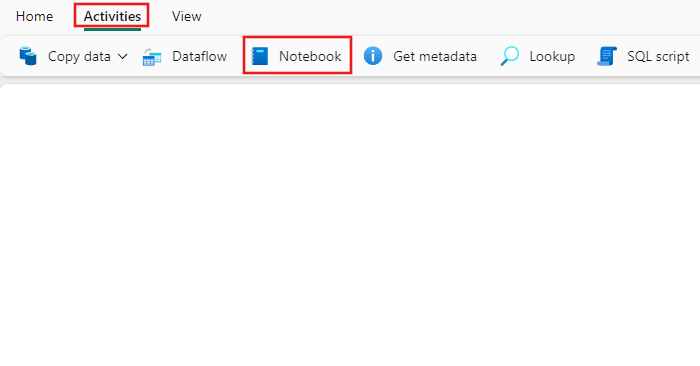 Screenshot of the Fabric UI with the Activities pane and Notebook activity highlighted.
