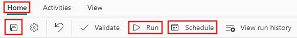 Screenshot showing the Home tab in the pipeline editor with the tab name, Save, Run, and Schedule buttons highlighted.