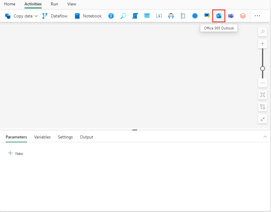 Screenshot of the Fabric UI with the Activities pane and Office 365 Outlook activity highlighted.