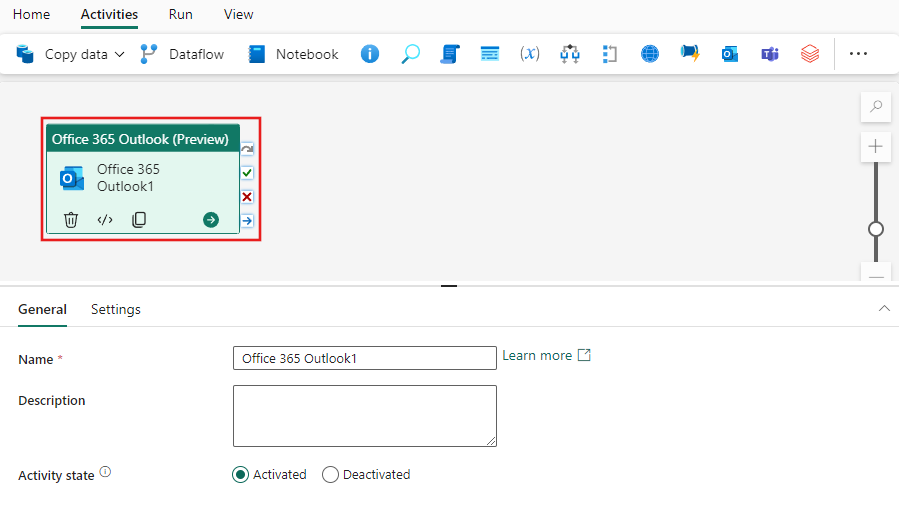 Screenshot showing the General settings tab of the Office 365 Outlook activity.