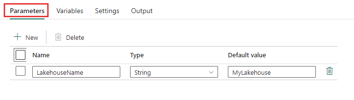 Screenshot showing the Parameters editor on the properties pages for a pipeline.