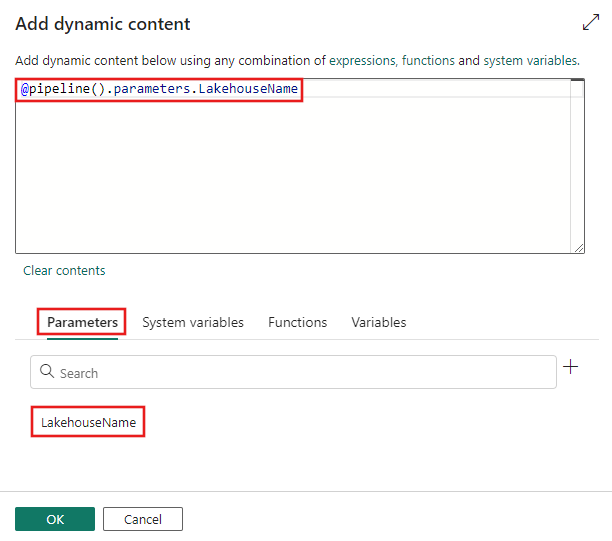 Screenshot showing the Add dynamic content window with a pipeline parameter selected.