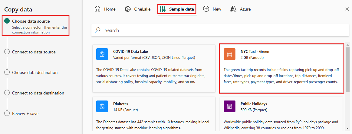 Screenshot showing the selection of the NYC Taxi - Green data in the copy assistant on the Choose data source tab.