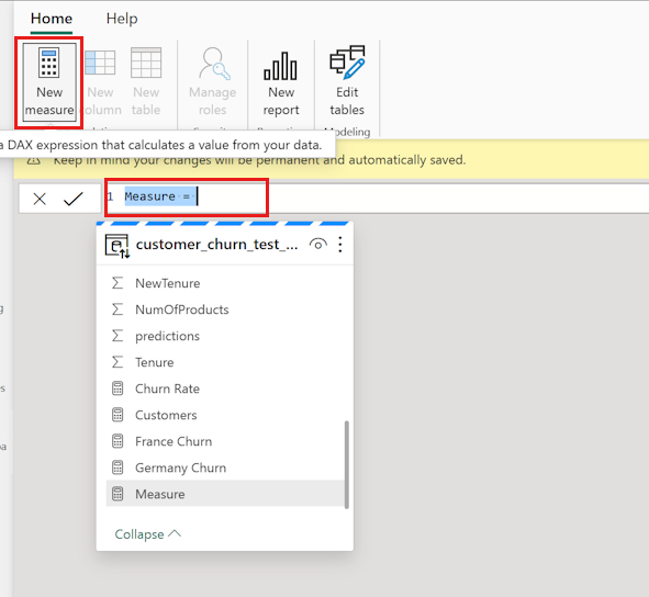 Screenshot show creating a new measure.