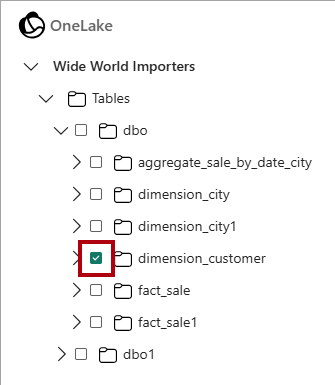 Screenshot of the New shortcut window, highlighting the selection of the dimension customer table.