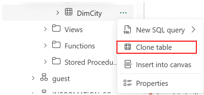 Screenshot showing the entry point for clone table context menu.