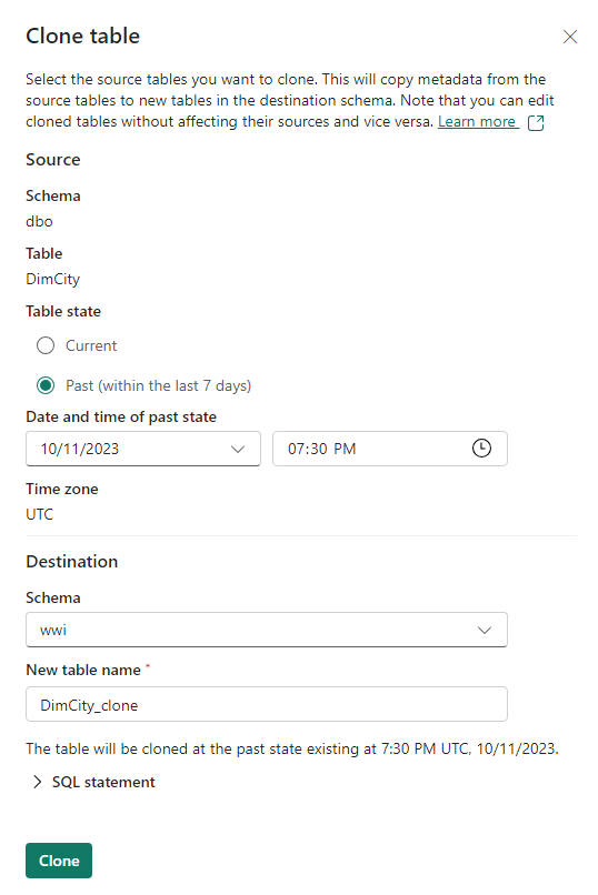 Screenshot showing the clone table as past state of the source table.