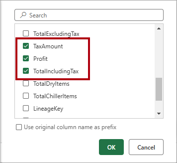 Screenshot of the merge column selection, highlighting the selection of Tax Amount, Profit, and Total Including Tax.