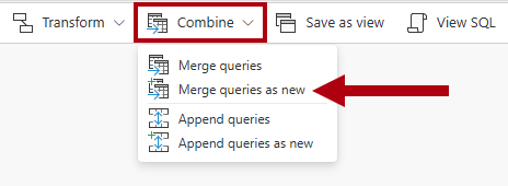 Screenshot of the Combine dropdown, highlighting the Merge queries as new option.