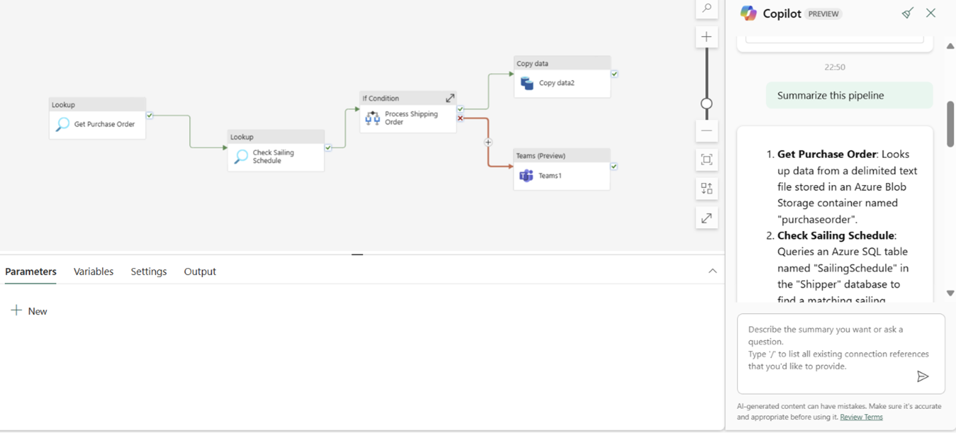 Screenshot showing Copilots summarization of the pipeline details.