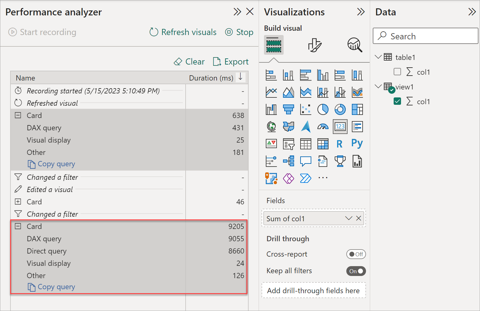 Screenshot of Direct query performance metric.