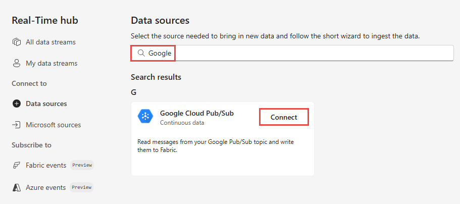 Screenshot that shows the Select a data source page with Google Cloud Pub/Sub selected.