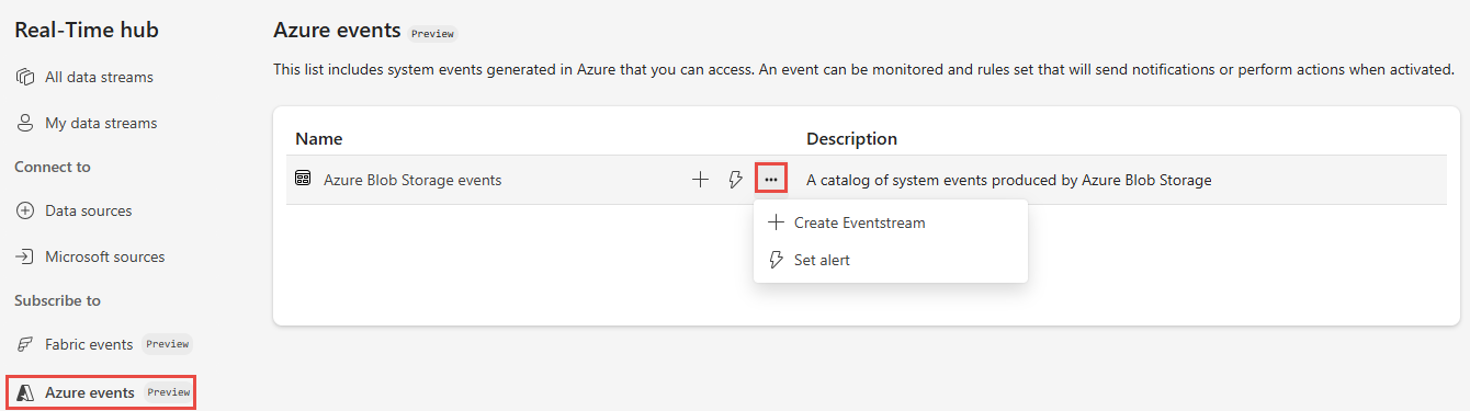 Screenshot that shows the Real-Time hub Azure events page.