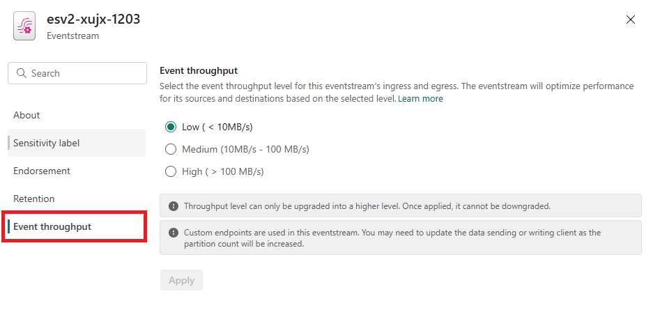 Screenshot that shows the throughput setting for an eventstream.